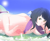 giantess nude giga city black_hair long_hair destruction huge_breasts milk lying_down lactation looking_down outdoors pinching aliessa