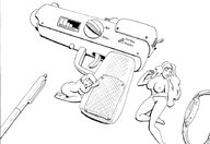 breasts drawing nipples nude sleeping blonde monochrome long_hair butt barefoot watch shrunken_woman pen shrink_gun