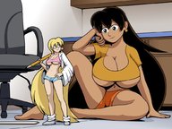 drawing blonde black_hair long_hair barefoot huge_breasts sitting pencil dark_skin skimpy_clothing