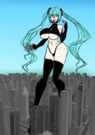 drawing hatsune_miku city color large_breasts destruction bus skyscraper imminent_vore ferrousoxide