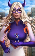 drawing gentle giantess horns city blonde color long_hair clothed handheld buildings muscles costume my_hero_academia mt._lady irina_isupova all_might