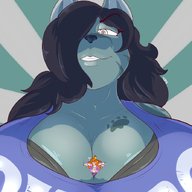 drawing furry anthro black_hair color long_hair huge_breasts smiling shrunken_woman looking_down no_background thaddeusmcboosh between_breasts