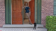 long_hair clothed cleavage red_hair sandals shrunken_man looking_down suit standing houses teddy doorway drcreep briefcase digital_render