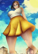 drawing city mega color blue_eyes clothed cleavage skirt buildings glasses brunette looking_down top a-i-k_art