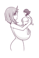 drawing monochrome huge_breasts shrunken_woman looking_up lifting no_background