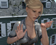 gentle giantess blonde long_hair clothed handheld cleavage shrunken_man looking_down houses runswithferrets freckles digital_render