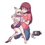 drawing nipples panties blonde color large_breasts long_hair barefoot cleavage bra shrinking brunette domination kneeling shrunken_woman standing purse shaven fondled