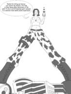 drawing monochrome black_hair long_hair clothed looking_down shrunken_city legs_spread dialogue no_background giantwaifus