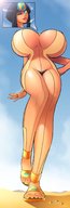 giantess giga pubic_hair huge_breasts desert pyramid smiling sandals walking unaware outdoors skimpy_clothing tentaskul