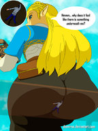 drawing blonde color blue_eyes butt_crush sitting unaware shrunken_man the_legend_of_zelda breath_of_the_wild donvirus princess_zelda_(the_legend_of_zelda)