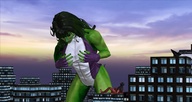 breasts giantess city mega long_hair giant green_hair looking_down outdoors leotard green_skin digital_render she-hulk marvel_comics cupping_breasts scarlet_spider ci0