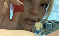 gentle giantess blonde clothed handheld looking_down runswithferrets freckles digital_render