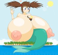 drawing nipples gentle giantess nude blushing mega color huge_breasts brunette mermaid island pigtails ships between_breasts elfdrago