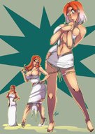 drawing growth giantess color large_breasts long_hair barefoot cleavage red_hair dress standing ripped_clothing