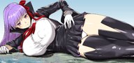 drawing giantess panties blushing giga color long_hair destruction clothed skirt purple_hair huge_breasts gloves lying_down looking_down rakia