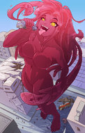 giantess nude city destruction barefoot buildings yellow_eyes foot_crush fangs open_mouth imminent_vore vehicle_destruction