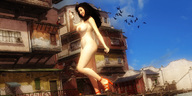 breasts nipples gentle giantess nude black_hair long_hair high_heels buildings smiling walking birds digital_render