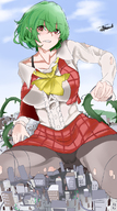 drawing giantess city color destruction buildings helicopter touhou red_eyes green_hair legs_spread yuuka_kazami thorns 黒パン
