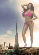 bikini giantess collage city mega black_hair large_breasts long_hair destruction barefoot cleavage buildings navel burj_khalifa standing dubai