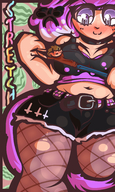 drawing blushing tail color stockings pink_hair navel shorts short_shorts fishnets shrunken_man cat_girl top belt stretch mspaintgts white_eyes crop_top bare_midriff stretchy gum_person