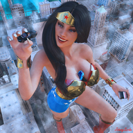 giantess city mega black_hair long_hair destruction handheld cleavage buildings domination smiling standing vehicles costume wonder_woman digital_render dc_comics johnnyscribe between_breasts wwfan
