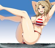 bikini drawing city mega blonde color long_hair butt barefoot cleavage butt_crush sitting looking_at_viewer zero6vi