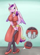 drawing feet furry wings anthro color large_breasts clothed cleavage high_heels purple_eyes in_shoe dress nylons collar jewelry micro_city my_little_pony horn dinobirdofdoom multicolored_hair pink_skin pulling_clothing princess_cadance