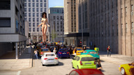 breasts nipples giantess nude pussy city black_hair brunette scared street running standing panic shaven crowds digital_render lfcfan papayoya ascension
