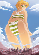 bikini drawing city mega color butt green_eyes smiling short_hair looking_back orange_hair imminent_butt_crush