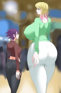 drawing gentle blonde color butt clothed jeans purple_hair huge_breasts amazon standing size_comparison shirt