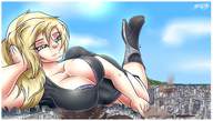 breasts drawing city mega blonde color long_hair destruction blue_eyes cleavage bra high_heels buildings dress lying_down boots jenni_czech mini_skirt sector316