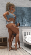 gentle panties blonde long_hair butt barefoot amazon reaching standing size_comparison bedroom top digital_render amgipi
