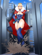 drawing giantess city blonde color large_breasts long_hair destruction saber cleavage smiling looking_down outdoors skimpy_clothing fate_(series)