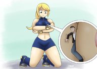 drawing giantess blonde blue_eyes cleavage samus_aran breast_crush shrunken_man