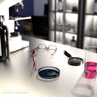 breasts nipples nude long_hair barefoot glasses brunette walking shrunken_woman magnifying_glass microscope laboratory digital_render caddyisraddy petri_dish