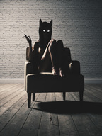 breasts nude barefoot cat_ears domination sitting shrunken_man looking_down standing chair cigarette silhouette floor glowing_eyes sorenzer0 digital_render