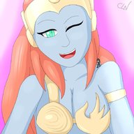 drawing gentle color green_eyes red_hair blue_skin winking on_shoulder cutelittlenightmare