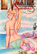 bikini drawing giantess city blonde comic color long_hair butt beach barefoot ocean ponytail sitting looking_back mtolympuscomics