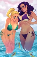bikini breasts drawing gentle giantess mega blonde black_hair color long_hair blue_eyes cleavage ocean ponytail looking_down giantesses women standing wading canoes mountolympuscomics