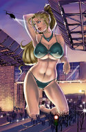 bikini drawing giantess blonde color long_hair barefoot cleavage buildings helicopter kneeling navel onlookers night mtolympuscomics