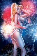 bikini drawing giantess blonde color large_breasts long_hair butt green_eyes ponytail night palm_trees fireworks american_flag