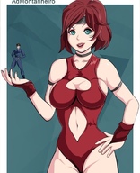 drawing gentle color blue_eyes clothed handheld cleavage red_hair navel shrunken_man standing costume shaven admontanheiro