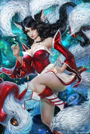 drawing giantess space black_hair color destruction planet yellow_eyes fox_ears fox_tail kimono stars multiple_tails league_of_legends ahri cosmic_giantess tigr_sasha
