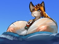 breasts drawing nipples giantess furry anthro color blue_eyes ocean huge_breasts cheetah red_hair looking_down ships t-bone robomax transparent_clothing between_breasts