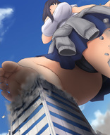 drawing giantess city upskirt black_hair color large_breasts destruction barefoot low_angle foot_crush strolling miton