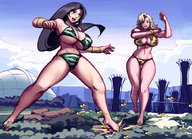 bikini drawing giantess blonde black_hair color large_breasts long_hair blue_eyes barefoot cleavage green_eyes tara foot_crush jets giantesses women garganta femforce gareit0