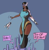 drawing giantess city color large_breasts nylons looking_down visor overwatch caiman2 symmetra satya_vaswani