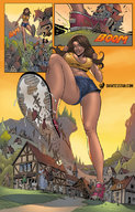breasts drawing nipples giantess mega color large_breasts long_hair destruction clothed rampage cleavage brunette domination navel foot_crush shorts trample village running top giantessfan villagers afraid bare_midriff