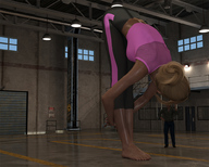 gentle giantess blonde long_hair barefoot ponytail bending_over pants runswithferrets stretching digital_render onlooker gymnasium bare_midriff