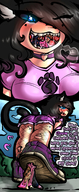 drawing blushing comic black_hair color blue_eyes mouth saliva shoes domination low_angle foot_crush shorts collar fishnets shrunken_man teasing female_domination cat_girl stuck gum chewing mspaintgts ripped gum_person